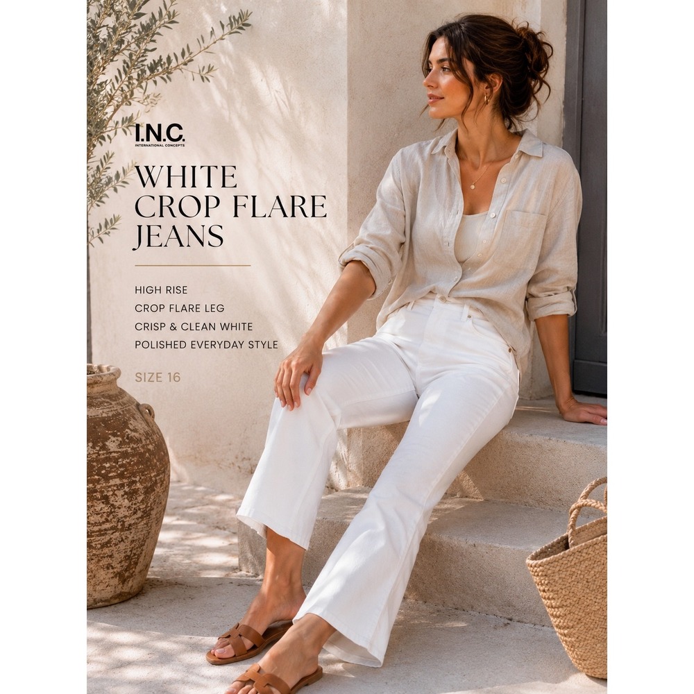 INC International Concepts White Crop Flare Jeans High Rise‎ Size 16 Coastal C